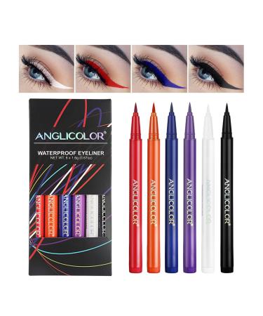 Anglicolor 6 Colors Colorful Eyeliner Matte Liquid Eyeliner Set Waterproof Long Lasting Neon Eyeliner Pen Highly Pigmented Smudge-Proof Colorful Eyeliners for Wedding and Party (6 Colors)