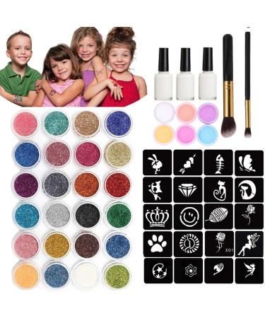 30 Colors Glitter Tattoos Kit-Birthday Gifts for Girls Age 3 4 5 6 7 8 9 Year Old Christmas Gifts Temporary Body Glitter Face Paint 118 Sheets Stencils 3 Glue 2 Brushes 24 COLORS