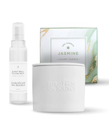 European Spa Source Jasmine Serenity Bundle: SleepWell Eucalyptus + Lavender Pillow Spray & Jasmine Scented Candle 4 Fl Oz
