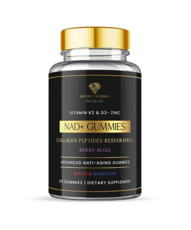 Nature's Blessing NAD+ Anti-Aging Gummies Boost Cellular Repair Brain Clarity & Radiant Skin with Biotin Collagen Resveratrol Vitamin D3 K2 Zinc & Keratin Delicious Berry Bliss