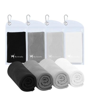 Hystrada 4 Pack Cooling Towels 40" x 12"-Cooling Scarf, Cold snap Cooling Towel for Instant Cooling Relief for All Physical Activities: Golf, Fitness, Camping, Hiking, Yoga, Pilates Black, Gray, Light Gray, White