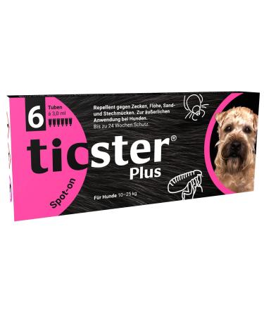 Ticster Plus Spot-on for dogs from 10- 25 kg flea and tick content: 6x 3.0 ml protection duration: up to 24 weeks (solution for rushing also against sand and mosquitoes insect protection for dogs) 6 tubes 3 0 ml dogs from 10 - 25 kg - Buy Online on GoSupps.com