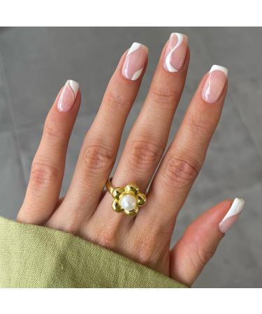 JUSTOTRY 24 Pcs Square False Nails Short White French Press on Nails Wavy Pattern Swirl Fake Nails Short with Nail Glue Nude Stick on Nails for Women Nails Fake Nail for Nails Art white &swirl 2