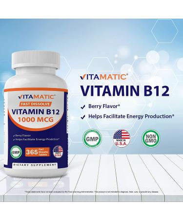 Vitamatic Vitamin B12 1000 mcg Fast Dissolve Tablets - 365 count, Berry Flavor for Energy Metabolism - Buy Online on GoSupps.com