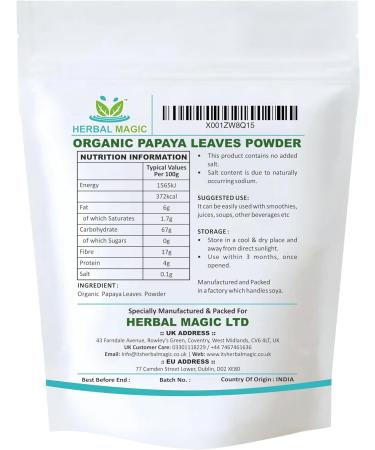 Herbal Magic's Organic Papaya Leaf Powder (Carica Papaya)- Most Prized Herb in Ayurveda - Ideal for Smoothies Baking soups - Free from Fillers & Preservatives- One Pack of 200gms 100 g (Pack of 2) - Buy Online on GoSupps.com