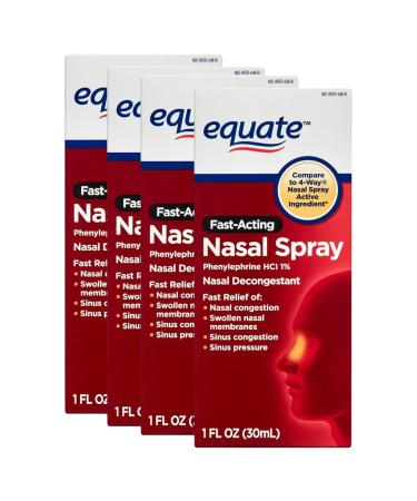 Nasal Four Nasal Spray Fast Acting Nasal Decongestant with Phenylephrine HCl 1% No Drip Pump Mist 1 fl oz (Pack of 4)