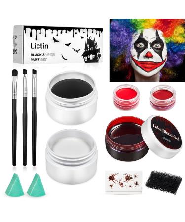 Lictin Halloween Clown Makeup Kit - White Black Red Face Body Paint + Fake Blood Gel Water Activated Face Paint Kit for Adults SFX Joker Zombie Vampire Skeleton Makeup Kit with Brushes & Sponges 13 Pcs