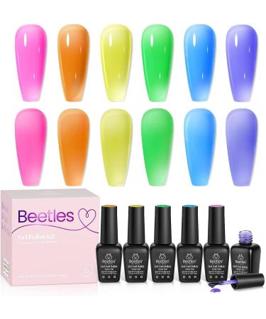 Beetles Gel Polish 6-Piece Jelly Nail Set - Neon Summer Colors | Soak Off UV LED Gel Kit for DIY Manicure | Translucent Pink, Blue, Green, Orange, Purple | Gummy Candy Collection - Buy Online on GoSupps.com