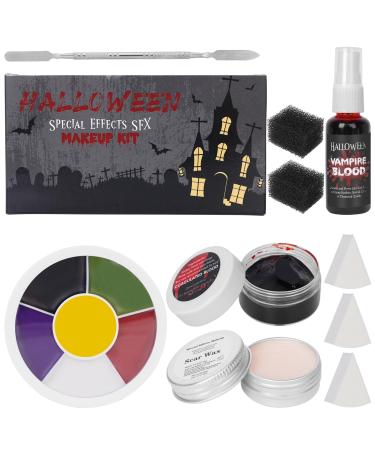 Demonic Special Effects Halloween Makeup Kit 6 Colors Bruise Makeup Face Body Painting Palette Scar Wax Spatula Tool Fake Blood Spray Coagulated Blood With Sponges for Halloween Cosplay