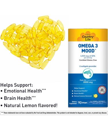 Country Life Omega 3 Mood 2000mg Fish Oil with EPA & DHA Brain Heart & Mood Support Lemon Flavored No Fishy Aftertaste Certified Gluten Free Non-GMO 90 Softgels - Buy Online on GoSupps.com