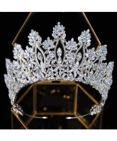 Aoligrace Luxury Tall Cubic Zirconia Tiaras and Crowns for Women CZ Pageant Birthday Headpiece Party Bridal Hair Accessories A-Silver