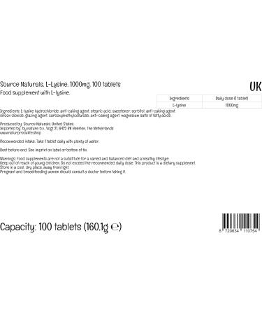 Premium Vital L-Lysine 1000mg - 100 Vegan Tablets | Source Naturals | Gluten-Free Soybean-Free Amino Acid Supplement - Buy Online on GoSupps.com