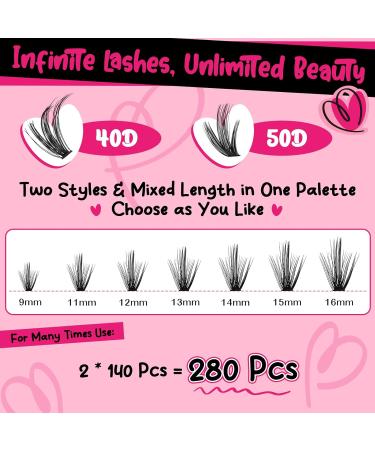 PRO DIY Eyelash Extension Kit - 280 PCs Individual Clusters Applicator & Brush for Beginners | 40D + 50D 9-16 Mix - Buy Online on GoSupps.com