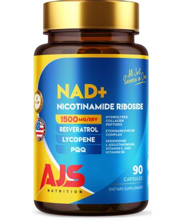 AJS NAD+ Cellular Energy NR Supplement with PQQ Resveratrol Lycopene Spermidine L-Ergothioneine and Collagen Peptides 90 Capsules for Cellular Support 1 Count (Pack of 90)