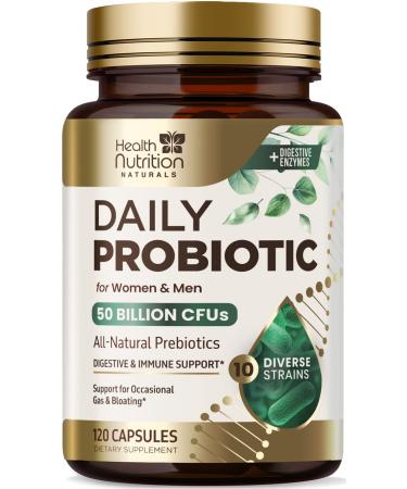 Probiotics 50 Billion CFU + 10 Strains - Max Absorption Daily Probiotic for Women & Men Lactobacillus Blend for Immune Support Prebiotics for Digestive & Gut Support Bottle In USA - 120 Capsules 120 Count (Pack of 1)