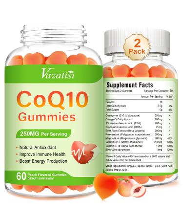 2 Pack CoQ10 Gummies 250 mg Plus Omega-3 Magnesium Vitamin B12 for Cellular Energy Brain & Antioxidant 5X Better Absorption Coenzyme Q10 Supplement - 120 Cts 60 Count (Pack of 2)