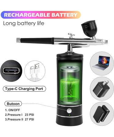 Rechargeable Airbrush Kit with Compressor - Portable High Pressure Air Brush Gun with 0.3mm Nozzle for Painting, Tattoos, Nail Art, Makeup, Cake Decorating - Black - Buy Online on GoSupps.com