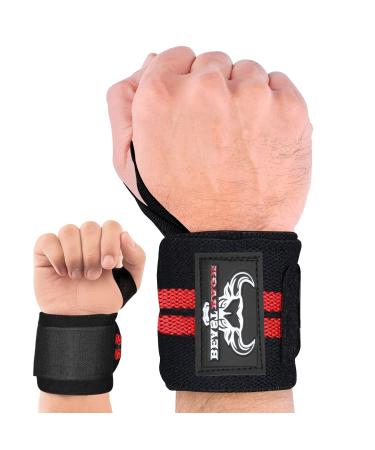 BEAST RAGE Weight Lifting Wrist Wraps Muscle Building Performance Fitness Training Gym Straps Thumb Loop Support Stretchable Cotton Bandage Brace Training Cuff RED / BLACK