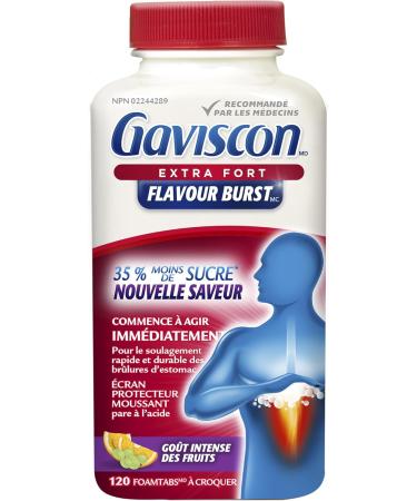 Gaviscon Extra Strength Flavour Burst Tablets - 120 Count - Chewable Foaming Antacid Tablets for Day and Night Heartburn Relief Acid Reflux and GERD Relief Fruit Blast - Free of Aluminum Lactose and Gluten 120 Count (Pack of 1) Gaviscon Extra Strength Fla - Buy Online on GoSupps.com