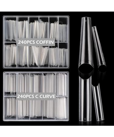 480PCS Extra Long Clear Nail Tips, 1Pack Half Cover Clear Coffin Nail Tips with 1Pack C Curve Nail Tips for Acrylic Nails Professional, XL Long Straight Square Ballerina Nail Tips for Nail Salons Home 240pcs coffin and 240
