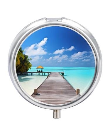 Pill Box Pill Case 3 Compartment Travel Pill Box Maldives Holidays Printing Small Pill Box Portable Medicine Pill Case Pill Organizer for Purse & Pocket for Travel Handbag (Round)