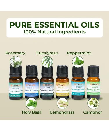 Thien An Essential Oils Set - 6 Premium 10ml Aromatherapy Oils: Rosemary Camphor Lemongrass Peppermint Holy Basil Eucalyptus with Dropper Caps for Relaxation & Meditation - Buy Online on GoSupps.com