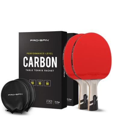 PRO-SPIN Carbon Fiber Ping Pong Paddle | Elite Series | 7-Ply Blade | 2mm Sponge for Better Control & Spin | Ergonomic Grip | Premium Rubber Storage Case | Lightweight Carbon Table Tennis Racket 2-Pack (Classic Grip)