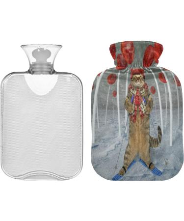 Cat Skier Hot Water Bottle - 2 Litre Fleece Cover for Hot & Cold Compress - Lollipop Forest Design - International Shipping - Buy Online on GoSupps.com