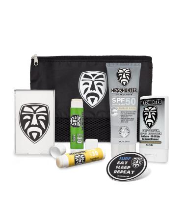 Headhunter Reef Safe Sunscreen Travel Bag - Broad Protection for Face Lip Body - Includes SPF 50 Cream SPF 45 Face Stick SPF 30 Lip Balm - Natural Mineral Sunblock for Surfing Watersports (Tinted Light Brown)