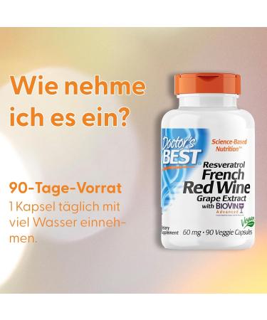Doctors Best ResveraTrol French Red Vine Grape Extract - 60mg 90 Vegan Capsules | Gluten-Free Non-GMO Laboratory Tested Vegan Friendly - Buy Online on GoSupps.com
