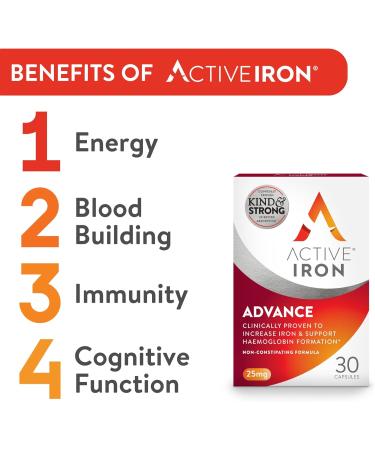 Active Iron Advance 25mg Iron Supplement | Non- Constipating | Clinically Proven to Increase Iron Levels | Fights Tiredness & Fatigue | 30 Daily Capsules - Buy Online on GoSupps.com