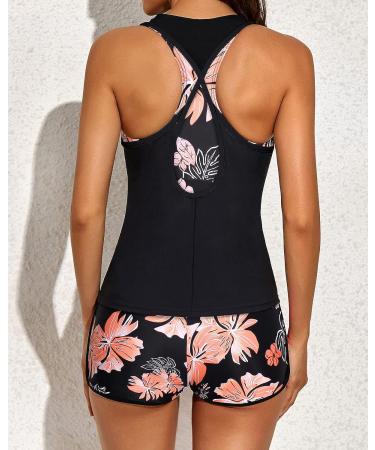 Yonique Women's 3-Piece Athletic Tankini Swimsuit Set - X-Large Pink Floral & Black - Buy Online on GoSupps.com