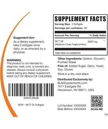 Bulksupplements MCT Oil Softgels - 240 MCT Coconut Oil Capsules - 80-Day Supply - Keto Pills - Buy Online on GoSupps.com