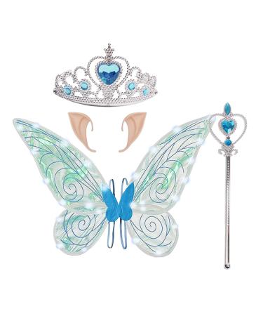Kids Butterfly Wings Set Led Lights Up Butterfly Wings Battery Powered Wings Halloween Dress Up Props (with Light + Crown Two-Piece Set + Ears) Blue