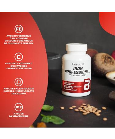BioTechUSA Iron Professional | Organic Iron Gluconate with Vitamin C | B12 & Folate | Vegan Supplement | For Men - Buy Online on GoSupps.com