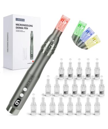 Microneedling Pen Electric Derma Pen with 20 Replacement Cartridges, Adjustable Microneedle Dermapen for Face Body Home Use