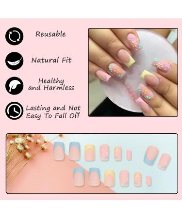 24Pcs Square False Nails Medium Glossy Cute Flower French Press on Nails - Frosted Stick on Nails with Glue Stickers for Women - Colorful DIY Manicure - Buy Online on GoSupps.com