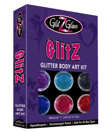 Glitter Tattoo Kit- NEW GLITZ - with 6 Large Glitters & 12 Stencils - HYPOALLERGENIC and DERMATOLOGIST TESTED! - for boys & Girls. Children Tattoos by GlitZGlam Body Art