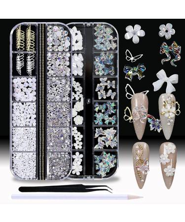 WOKOTO 2 Box 3d Nail Charms For Nail Art 3d Nail Rhinestones For Acrylic Nails Mix Shapes 3d Butterfly Nail Art Rhinestones Pearls For Nails 3d Flowers For Nails Holographic Nail Bows Bears Set