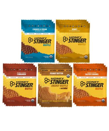 Honey Stinger Energy Waffle Variety Pack 15 Count (3 Each: Honey Peanut Butter Cinnamon Salted Caramel Cookies & Cream) Organic Honey Energy Snack for Sports Fitness Outdoor Activities & On-the-Go Fuel