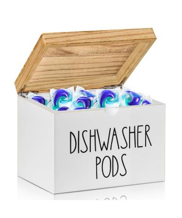 Anwelynd Rustic Wooden Dishwasher Pod Container Dishwasher Tablet Container for Kitchen Decor and Accessories Wood Laundry Detergent Pods Holder with Lid Laundry Detergent Storage Square White & Brown