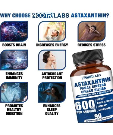 Astaxanthin 15mg + Panax Ginseng Ginkgo Biloba Supplements | 90 Vegan Capsules | Eye Skin Joint Health Energy Cardiovascular Support | Immune Defense Focus Memory Booster - Buy Online on GoSupps.com