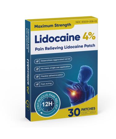 Teemofe Lidocaine Pain Relief Patch 30 Count | Maximum Strength Pain Patches for Muscle Relief in Neck Knee Back and Shoulders |12 Hour Long Lasting Relief Pains-260122