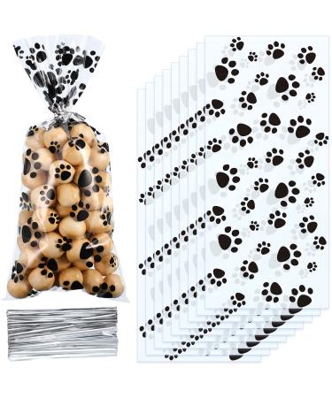100 Pieces Pet Paw Print Cone Cellophane Bags Heat Sealable Candy Bags Dog Paw Gift Bags Cat Treat Bags with 100 Pieces Silver Twist Ties for Pet Treat Party Favor Black