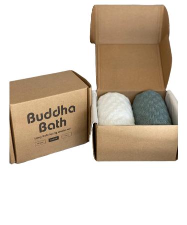 Buddha Bath Extra Long Exfoliating Shower Towel Washcloth (Medium EXFOLIATE) - Silver Blue & White - (2 Pack)