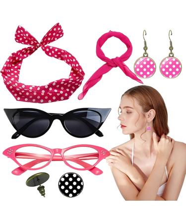 Polka Dot Headbands for Women Drop Earrings Headbands 1950s Outfi Set | Print Dangle Earrings with Vintage Hair Bands Chiffon Scarf Cat Eye Glasses Hot Pink One Size - Buy Online on GoSupps.com