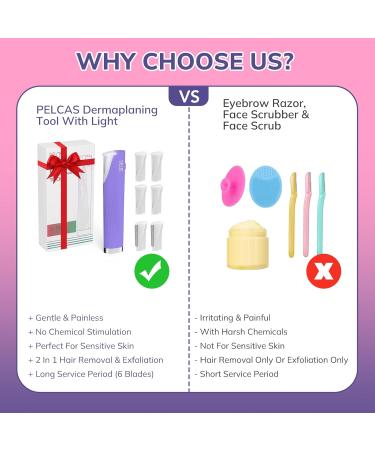 PELCAS Electric Dermaplaning Tool with LED Light - Mini Facial Razor 3 Speeds for Peach Fuzz & Exfoliation - At Home Hair Removal System for Women - 6 Blades BV18-712 Purple - Buy Online on GoSupps.com