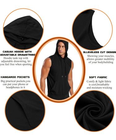 Babioboa Men's Tank Top Gym Hoodie - Sleeveless Fitness Bodybuilding Muscle Shirt with Pockets - Black L - Buy Online on GoSupps.com