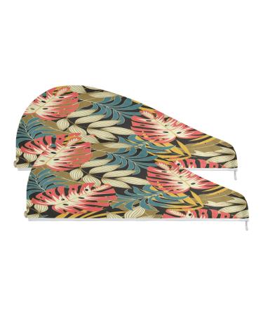 Tropical Leaves Dry Hair Cap 2 Piece Quick Drying Towel Set with Button Headband Super Absorbent Soft & Comfortable