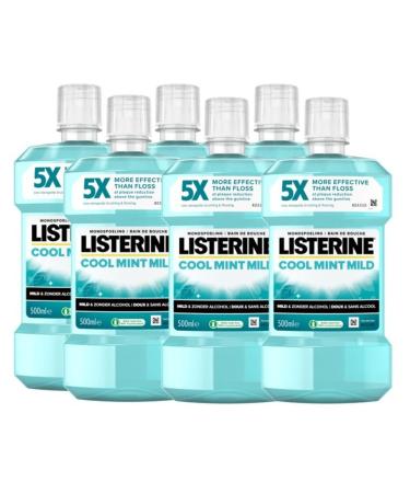 Listerine LISTERINE Cool Mint Mild Taste Alcohol-Free Mouthwash with Essential Oils Helps Eliminate Bacteria and Ensures Long-Lasting Fresh Breath 6 x 500 ml